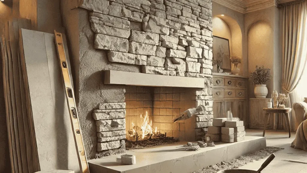 Installing a Natural Stone Into a Fireplace Wall