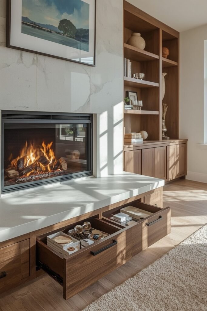 Built-In Storage Drawers Under Hearth