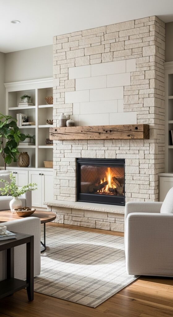 Stone Panel + Reclaimed Beam Mantel Interface