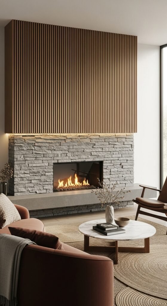 Stone-to-Wood Vertical Slat Transition Wall