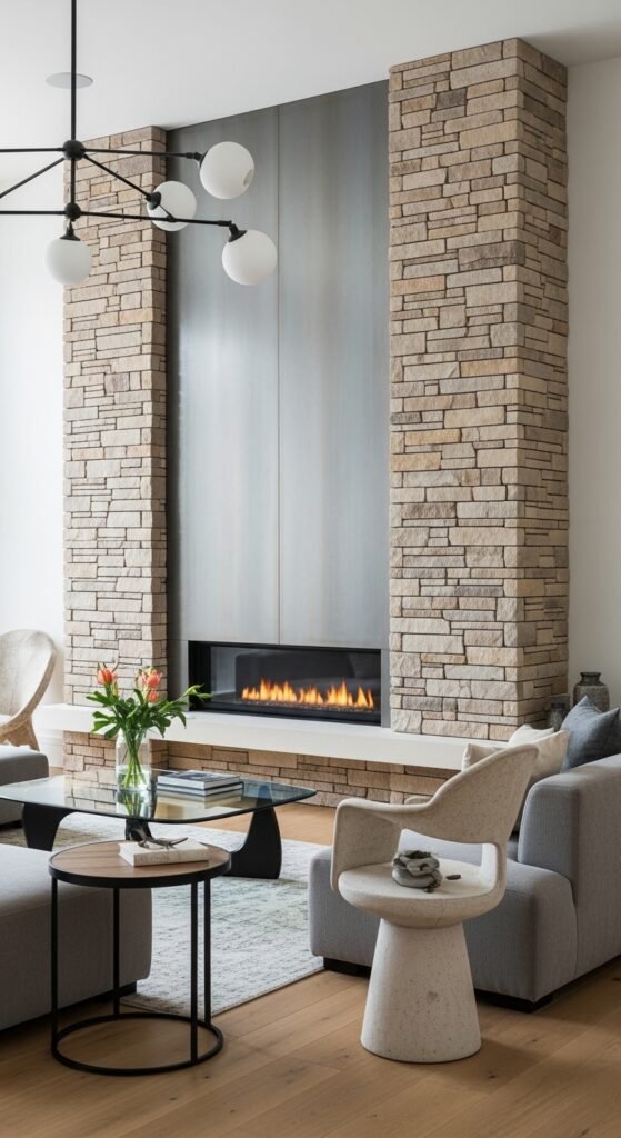 Stone-Flanked Column Panels Around Linear Firebox