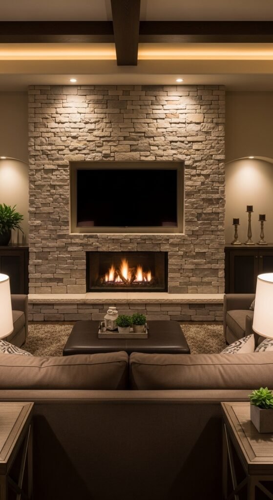 Floor‑to‑Ceiling Stone Feature with Recessed TV Niche