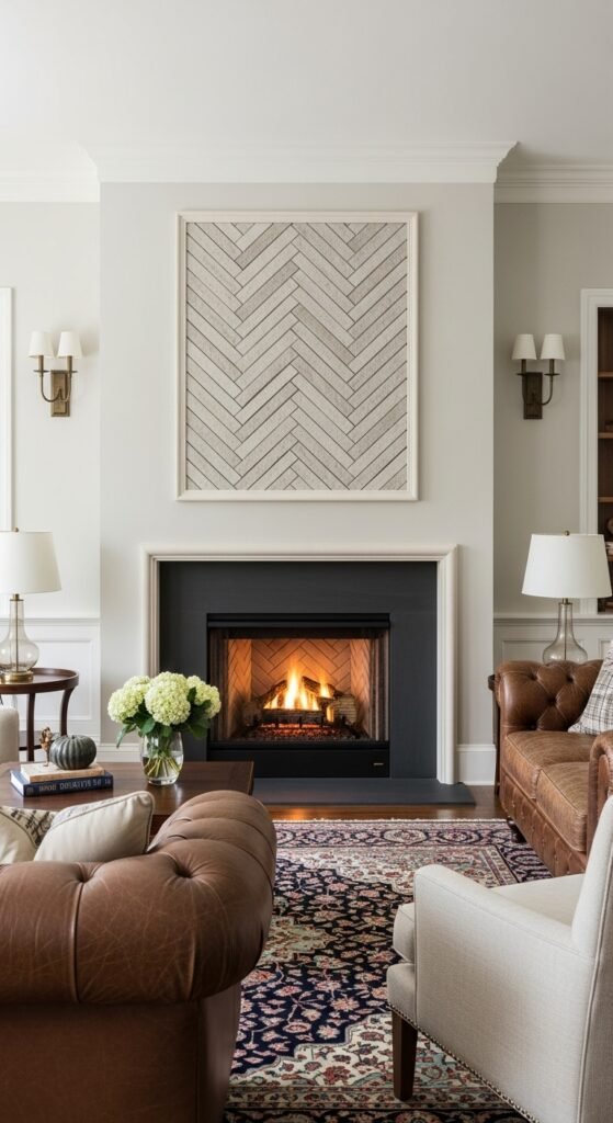 Herringbone-Cut Stone Panel Inset Above Firebox