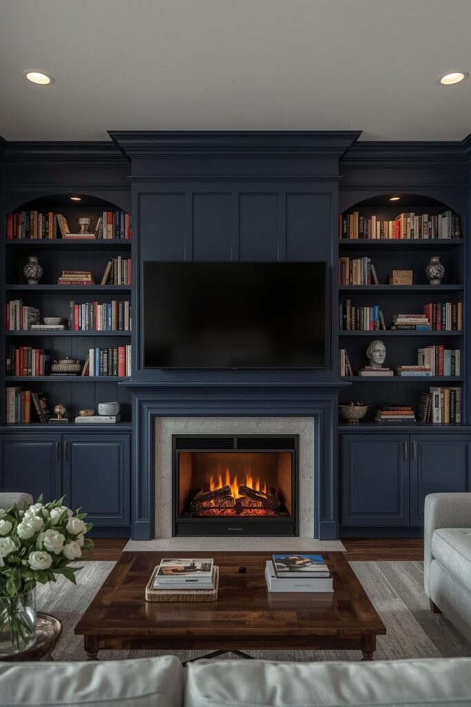 Built-In Bookshelves Framing TV and Firebox