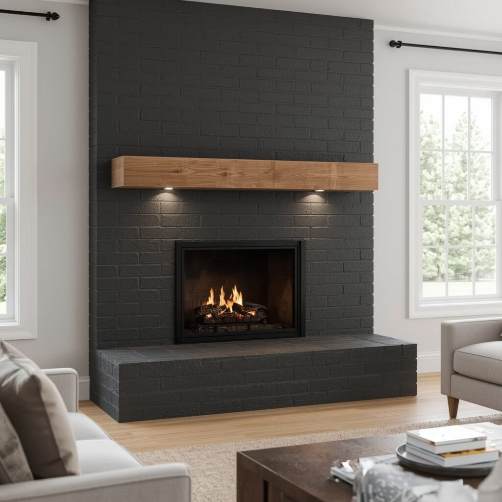 Painted Charcoal Brick with Floating Timber Mantel