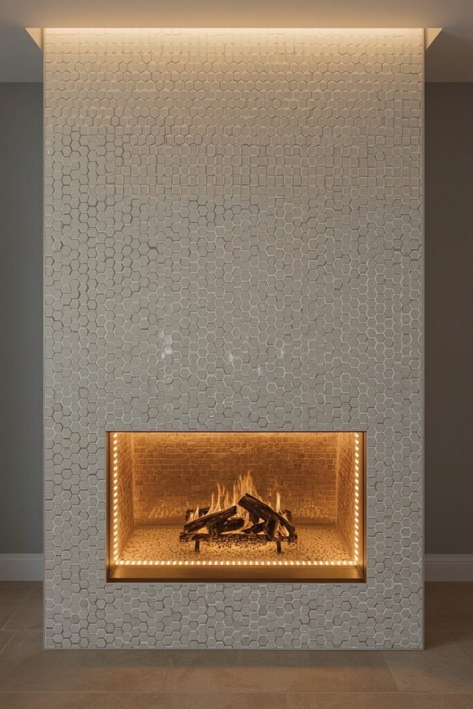 Hexagon Porcelain-Tiled Mantel Cap for Geometric Drama