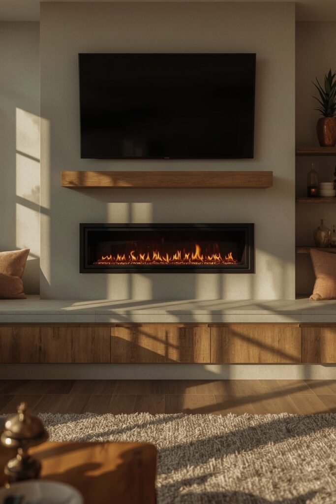 Split-Level Hearth Bench with Linear Fire