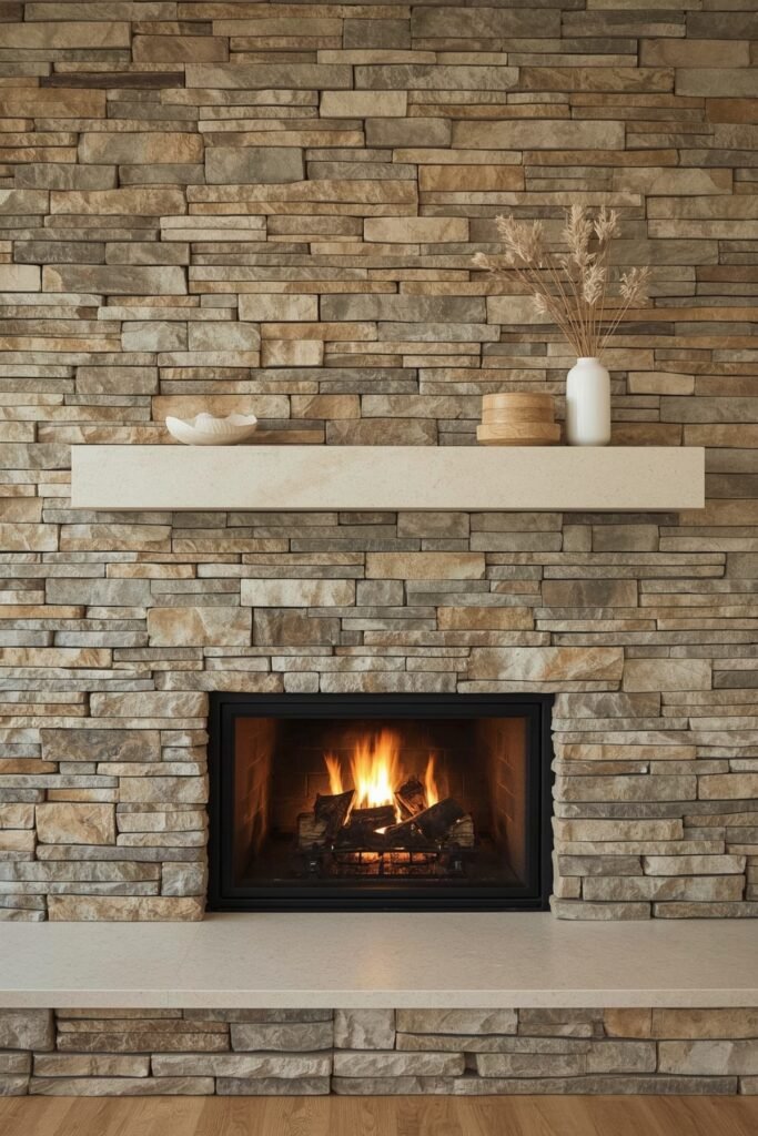 Travertine Ledger-Stone Shelf Blending into Stacked Facade