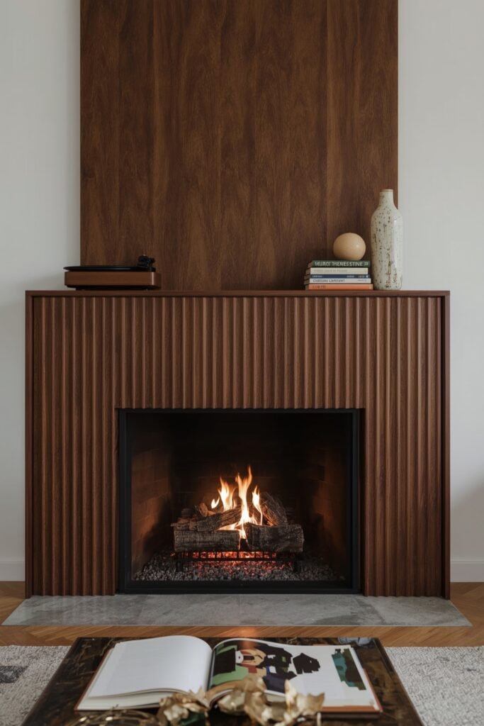 Vertical Walnut Slat Mantel Front Hiding Bluetooth Speakers