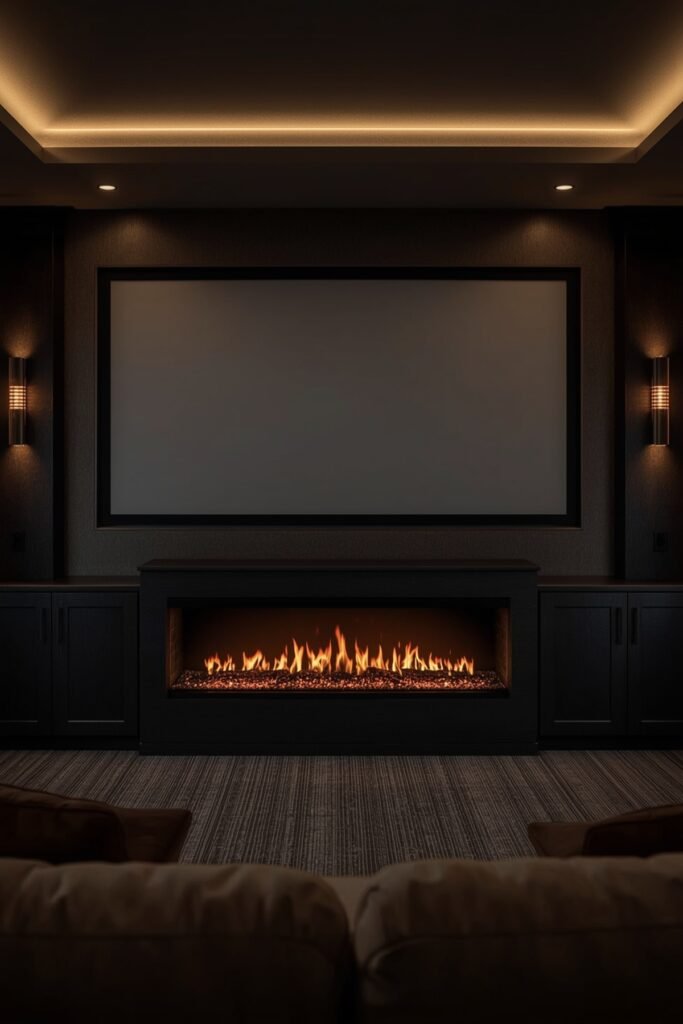 Electric Fireplace beneath Ultra-Wide Projector Screen