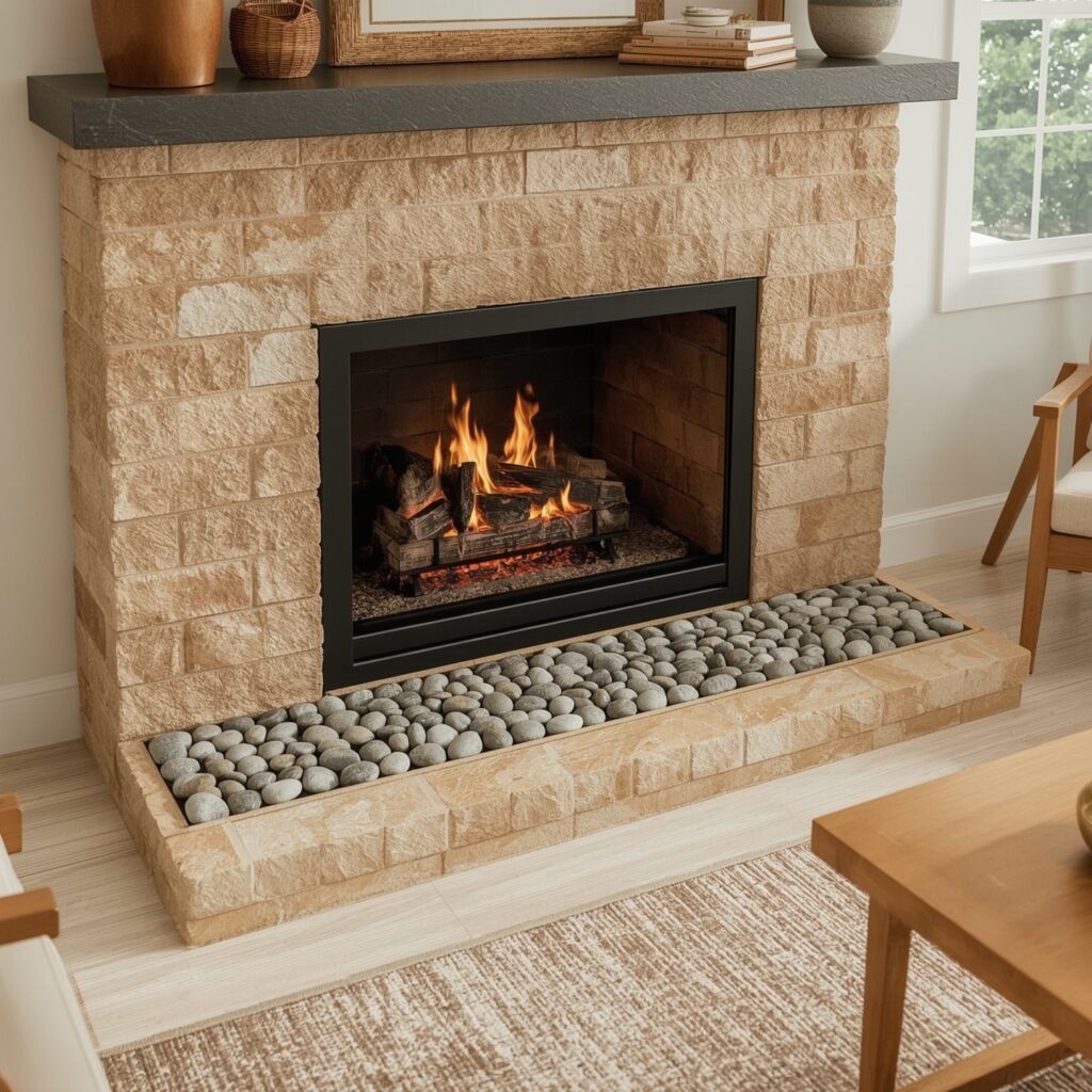Pebble-Tile Ribbon Accent Across the Hearth Line