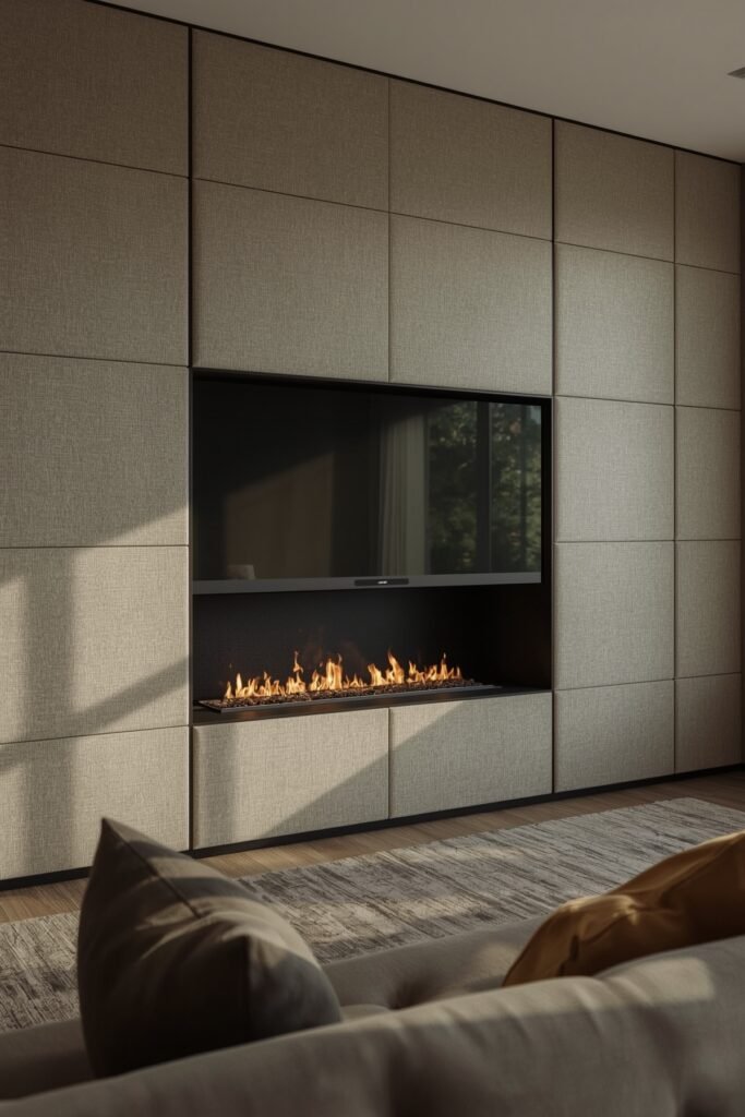 Acoustic Panel Wall with Hidden Firebox