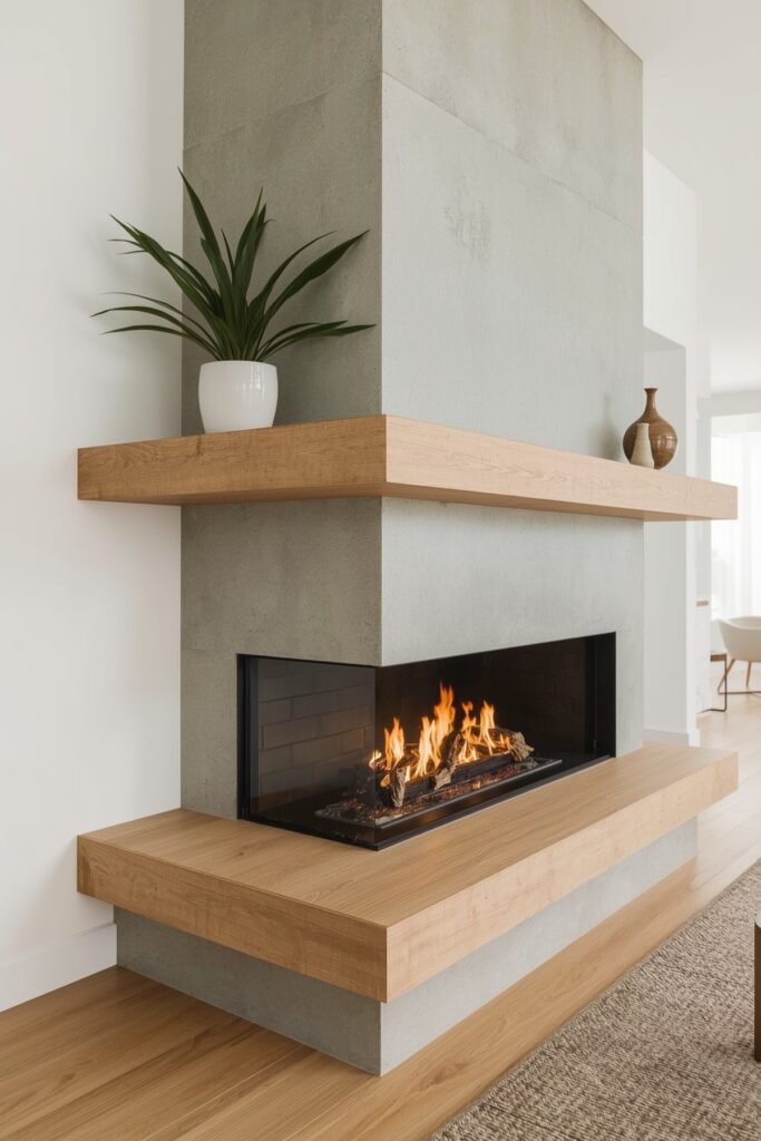 Bi-Level Oak and Concrete Hybrid Mantel for Mixed-Material Appeal