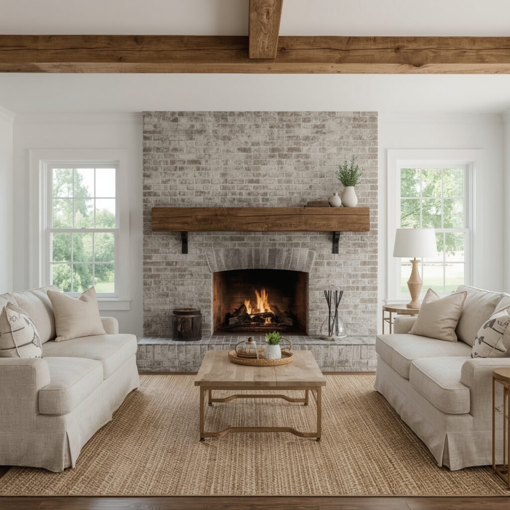 Rustic Beam + Whitewashed Brick Combo