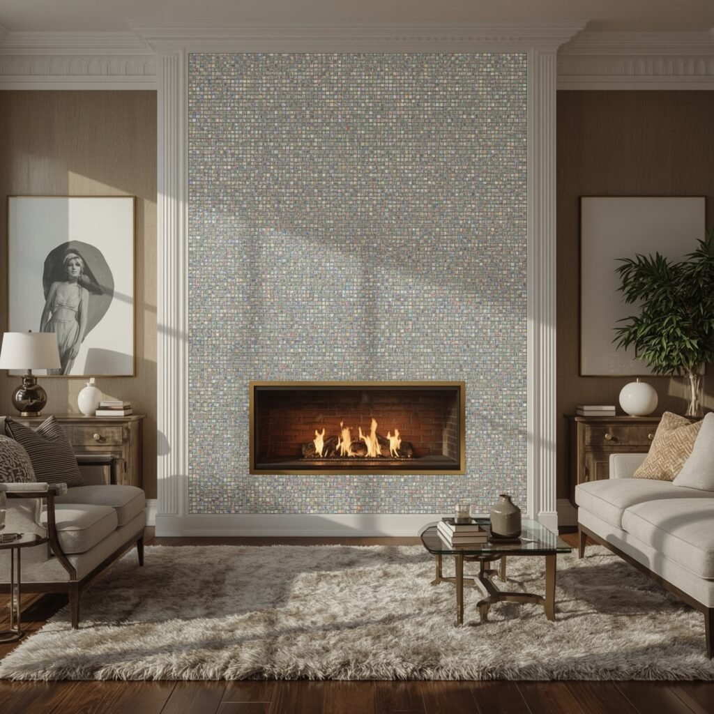 Mosaic Glass-Tile Firebox Back Panel for Reflective Sparkle