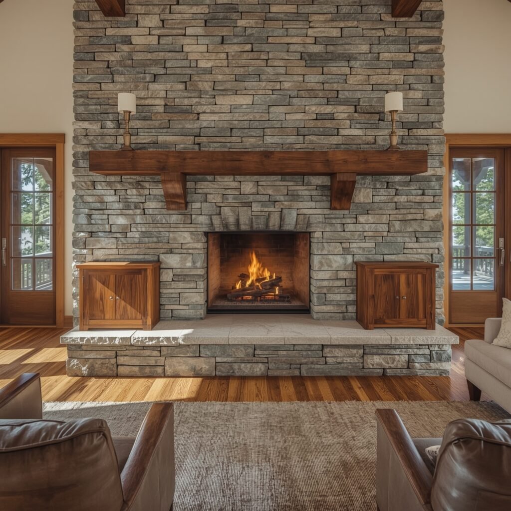 Mixed Wood-and-Stone Hybrid Columns Flanking the Opening