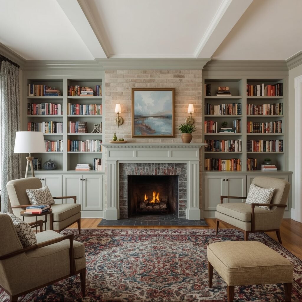 Built-In Bookcase Surround with Painted Brick Backdrop
