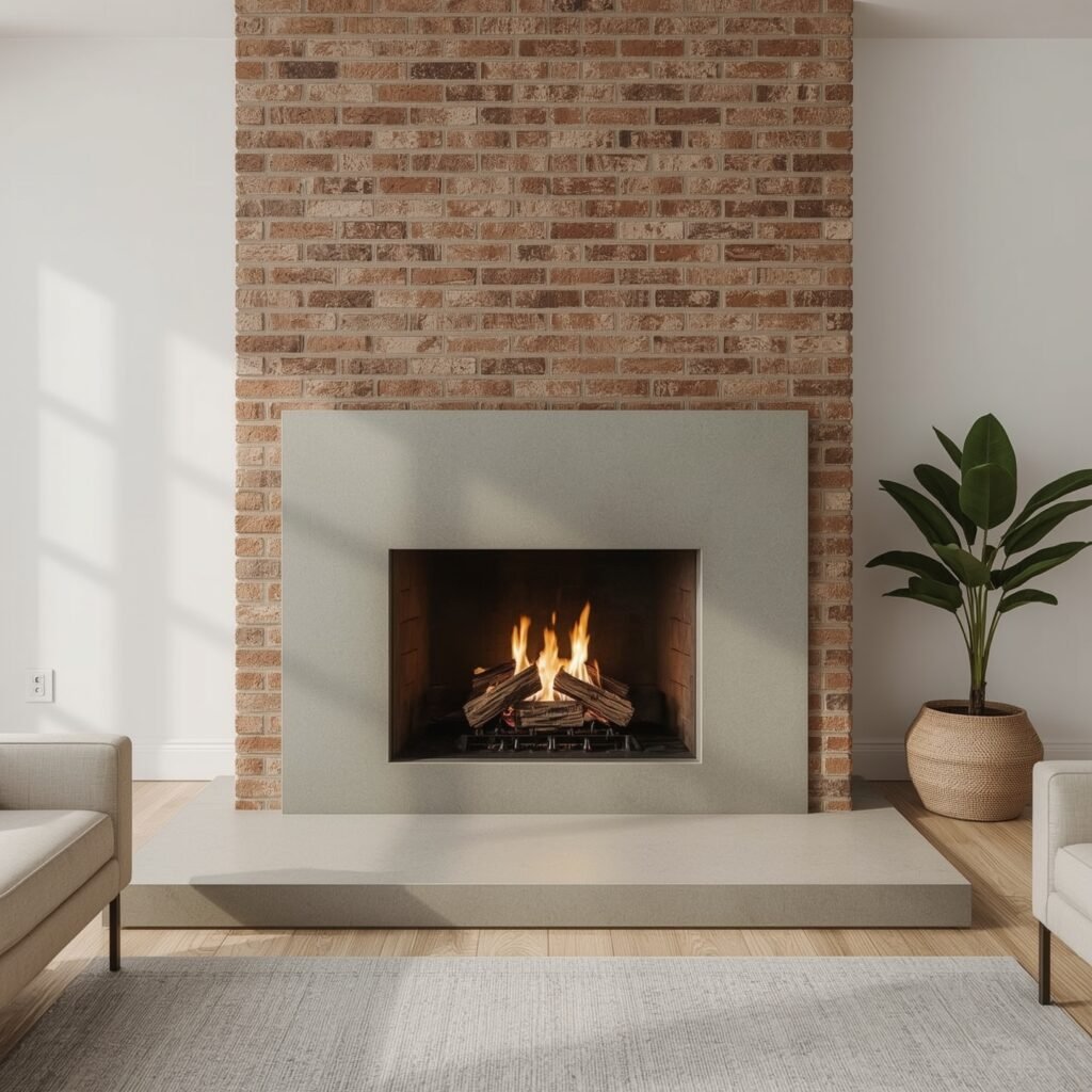 Smooth Concrete Hearth Cap with Painted Brick Walls