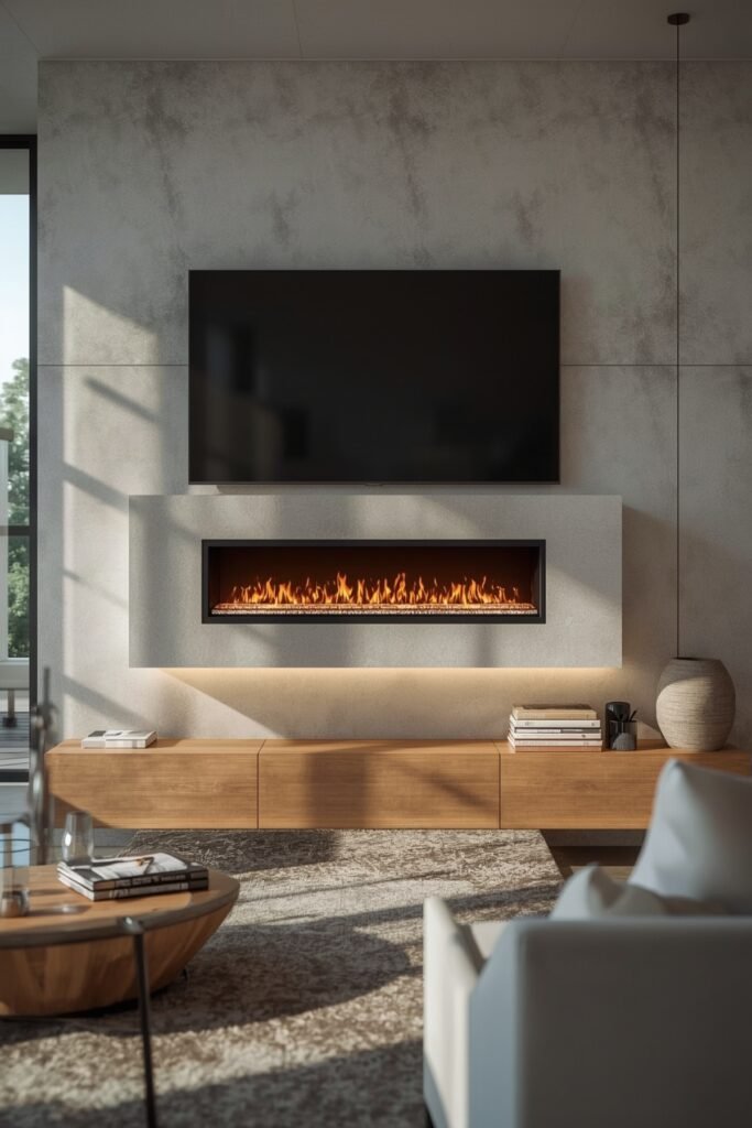Floating Console with Recessed Ribbon Fireplace