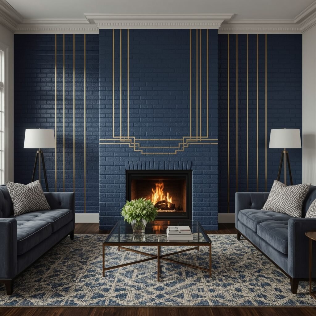 Art-Deco Brass Inlay Lines on Painted Brick Surface