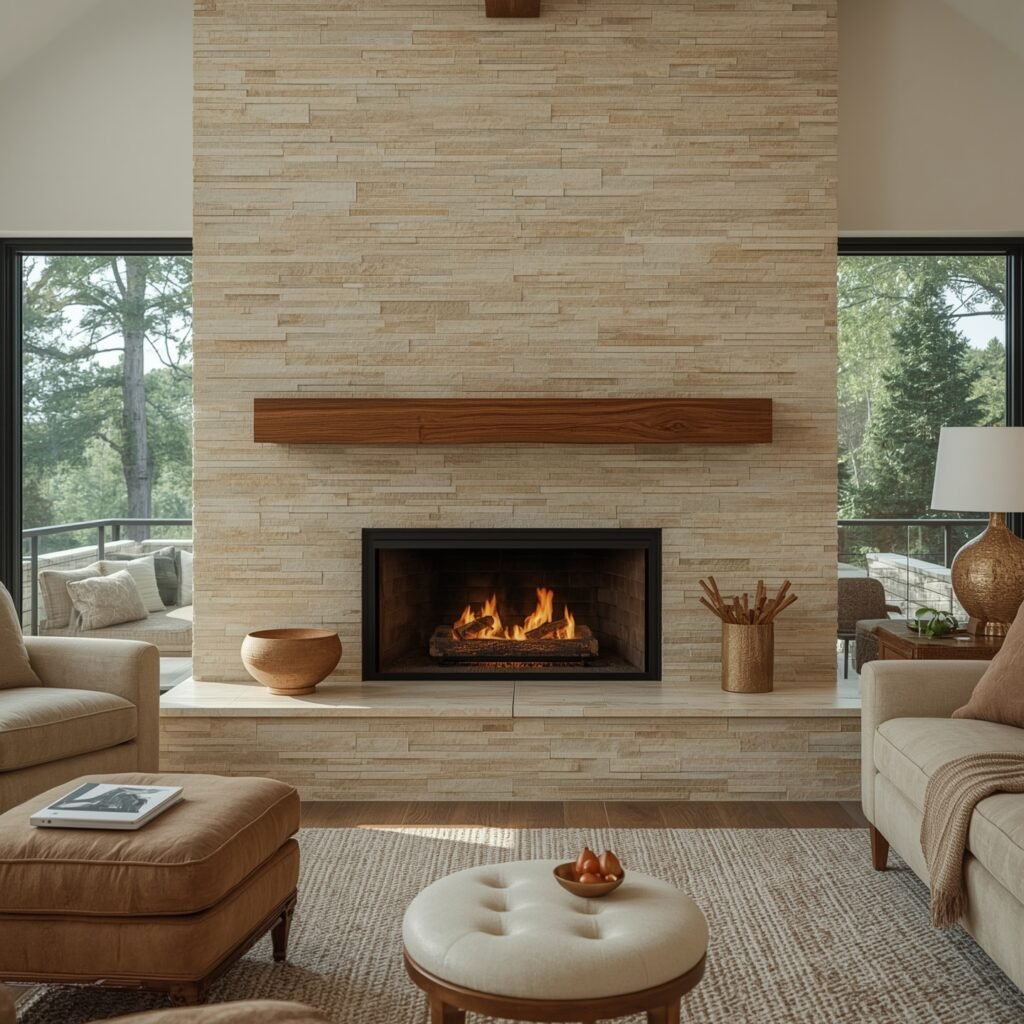 Stacked Travertine Ledger Panels for Textured Warmth