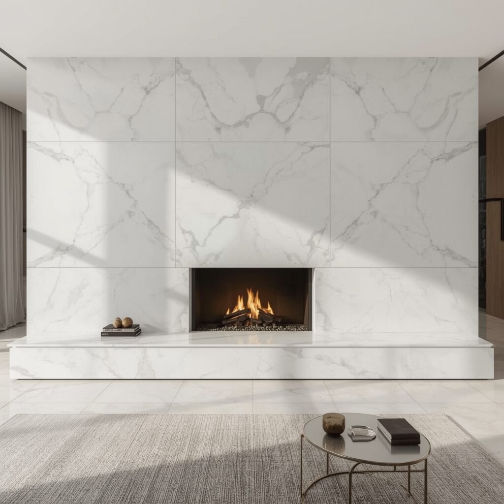 Carrara-Look Porcelain Slab Surround, Floor to Ceiling