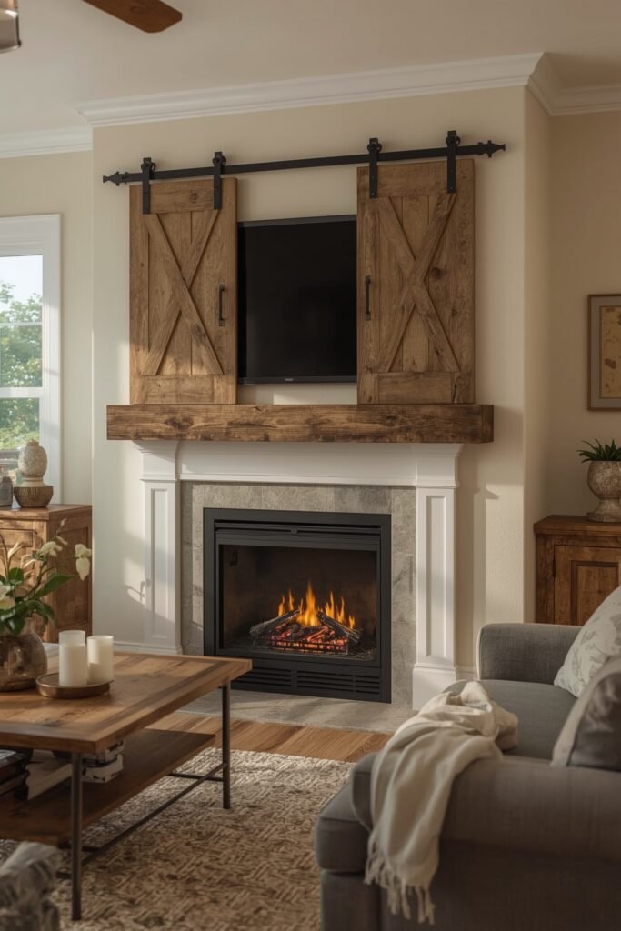 Sliding Barn Door TV Cover Above Flames