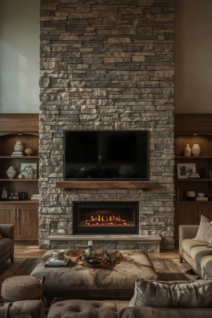Stacked Stone Feature Wall with LED Shelves