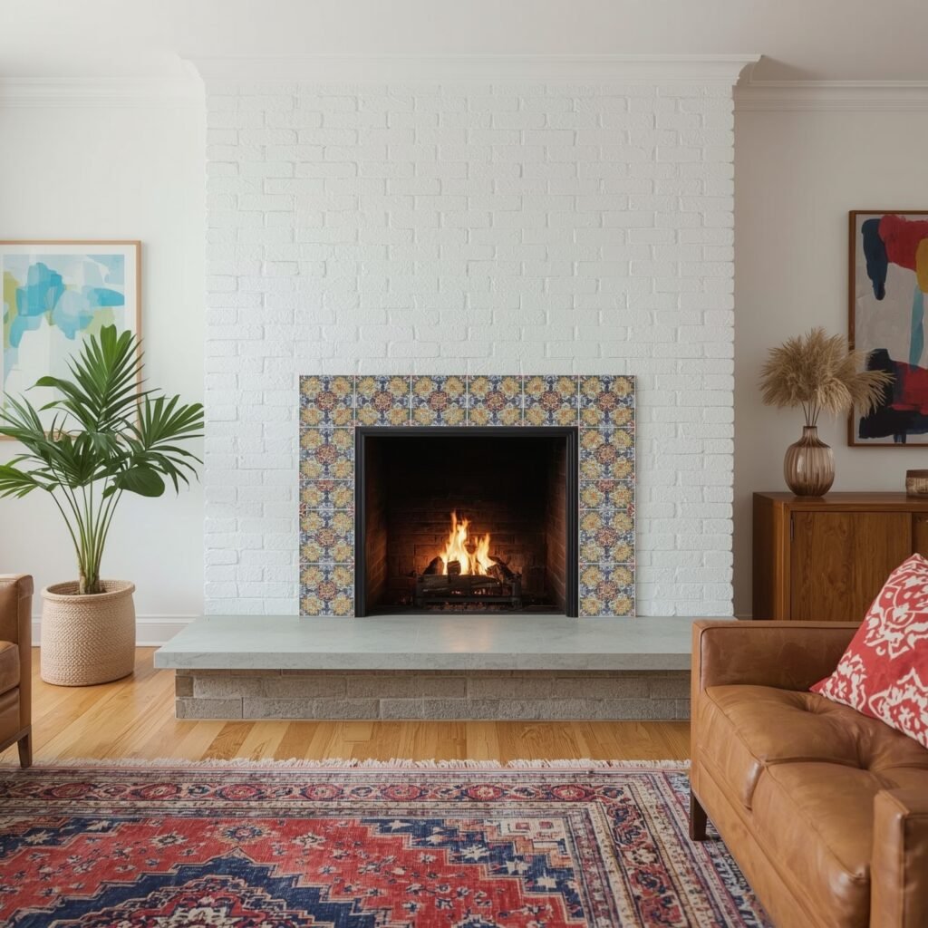 Patterned Cement Tiles Framing the Firebox