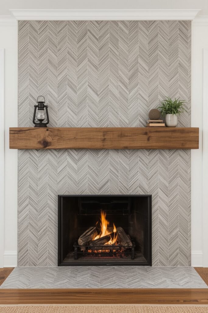 Reclaimed Barn Beam Paired with Herringbone Tile Surround