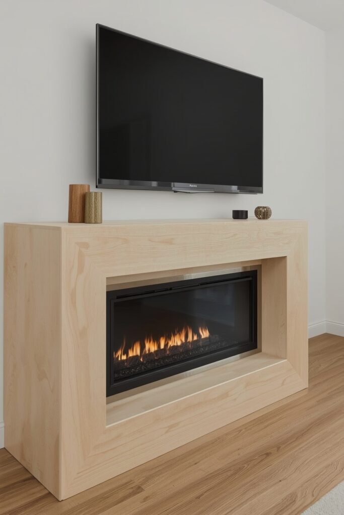 Slim Maple Mantel Box Framing a Picture-Frame TV