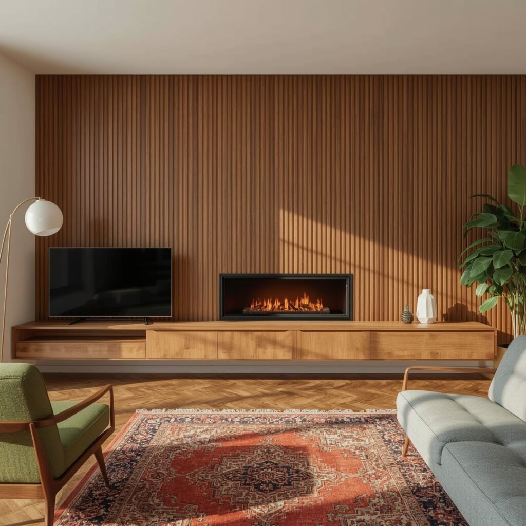 Vertical Walnut Slat-Wood Overlay for Mid-Century Flair
