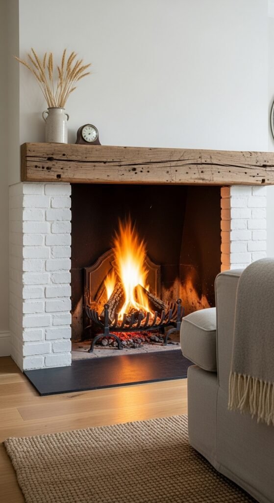 Whitewashed Brick Fireplace with Reclaimed Beam Mantel