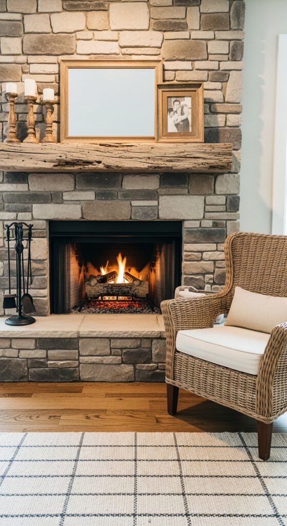 Farmhouse Fireplace with Distressed Wood Mantel