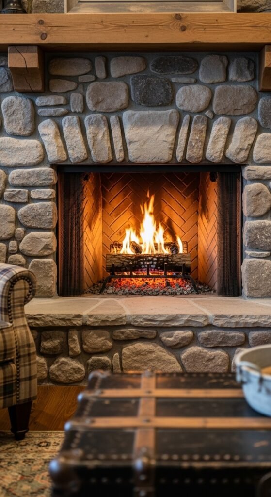 Classic Fieldstone Fireplace with Herringbone Firebox