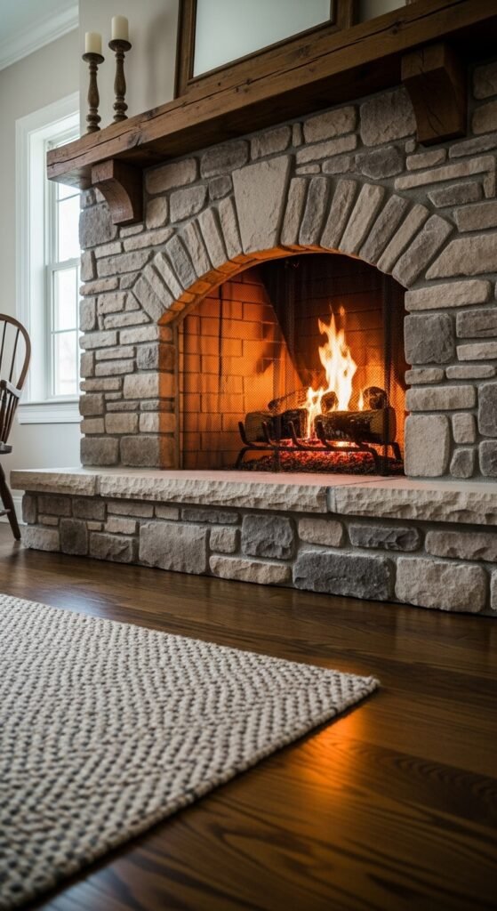 Farmhouse Fireplace with Arched Firebox Opening