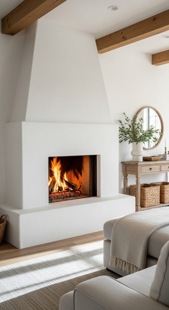 White Plaster Farmhouse Fireplace