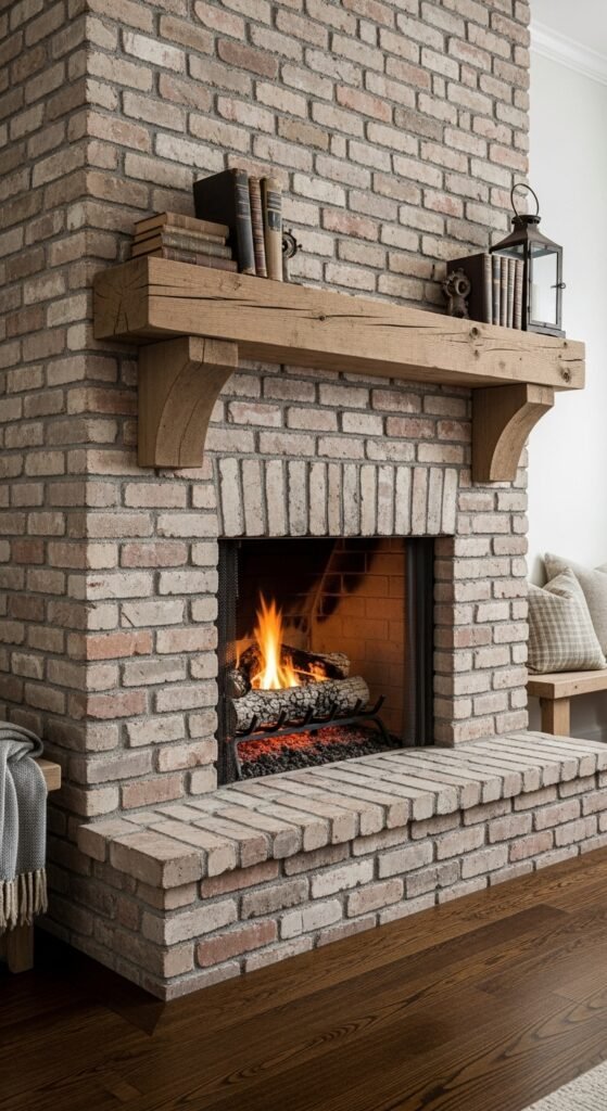 Reclaimed Brick Fireplace with Chunky Mantel Corbels