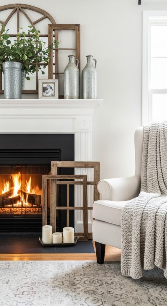 Fireplace with Layered Farmhouse Décor