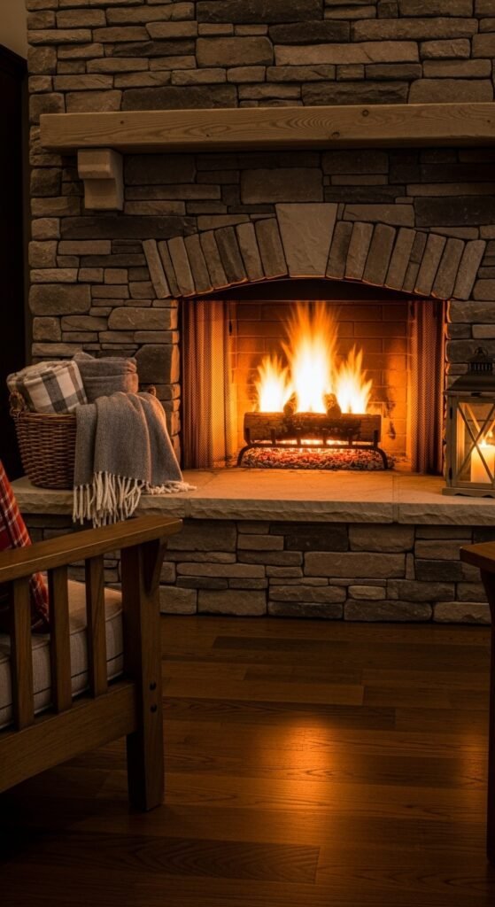 Stacked Stone Fireplace with Oversized Hearth