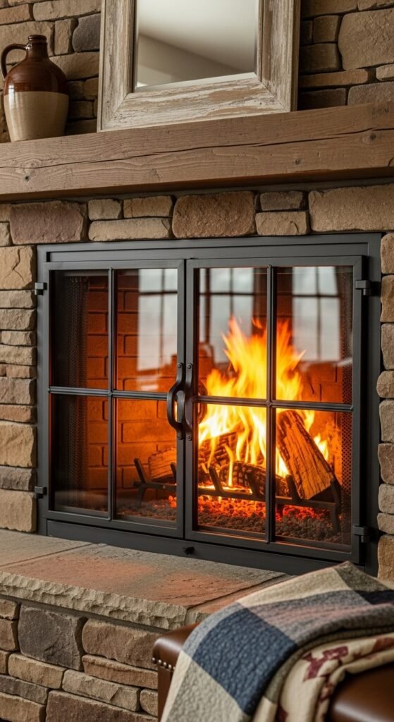 Farmhouse Fireplace with Iron Glass Doors
