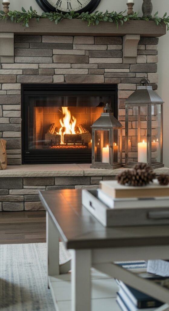 Farmhouse Fireplace with Lantern Décor