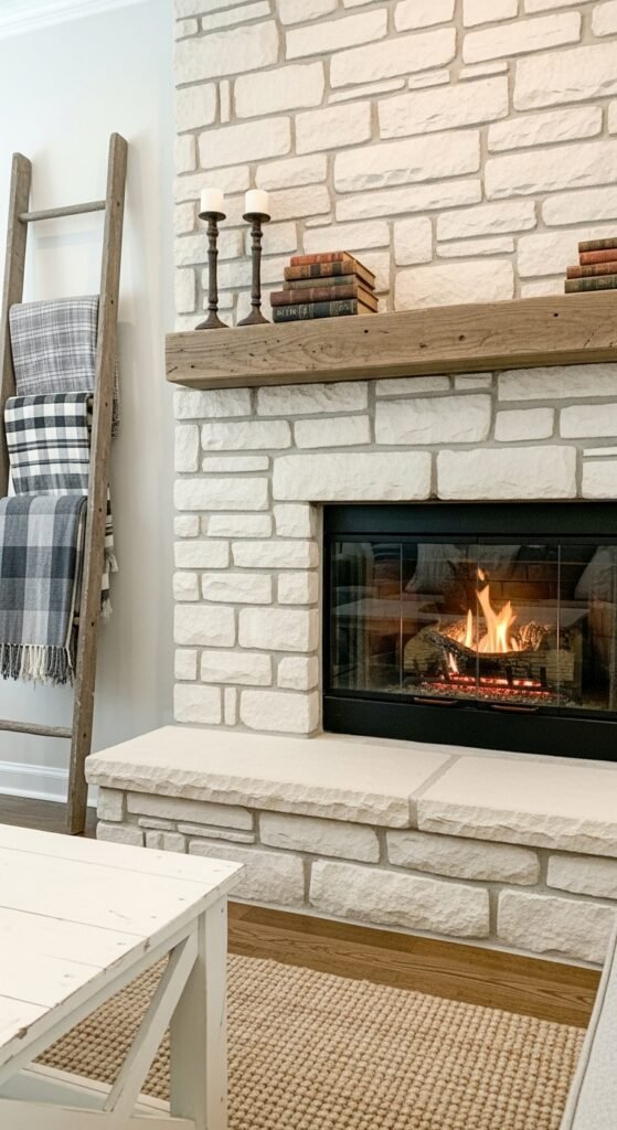Farmhouse Fireplace with Limewashed Stone