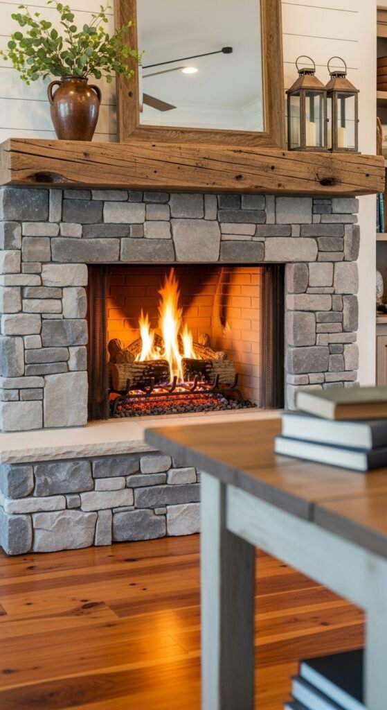 Farmhouse Fireplace with Mixed Materials