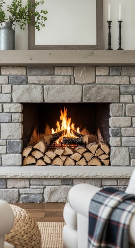 Farmhouse Fireplace with Built-in Wood Storage