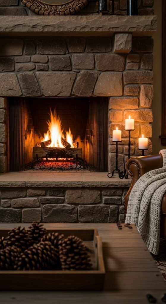 Rustic Stone Fireplace with Tall Taper Candles
